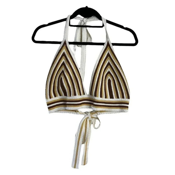 Windsor Crochet Striped Crop Top Size XL Brown Beige White V Neck Tie On Blouse - Picture 1 of 12